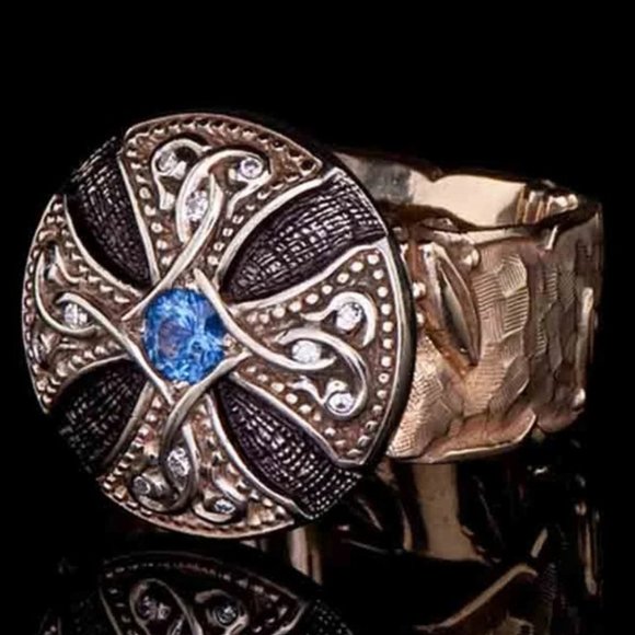 Jewelry - 💥 Unisex Black Enamel Signet Ring Rose Gold Blue Fashion Ring, GPMB1486-7